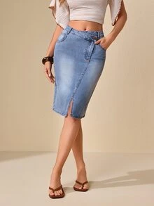 Selenza Women's Asymmetric Waist Denim Skirt With Slit Hem - Light Wash - View 9