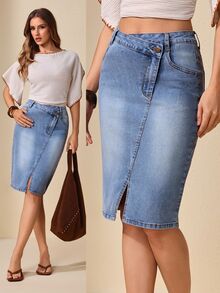 Selenza Women's Asymmetric Waist Denim Skirt With Slit Hem - Light Wash - View 2
