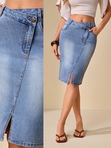 Selenza Women's Asymmetric Waist Denim Skirt With Slit Hem - Light Wash - View 11