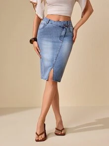 Selenza Women's Asymmetric Waist Denim Skirt With Slit Hem - Light Wash - View 4