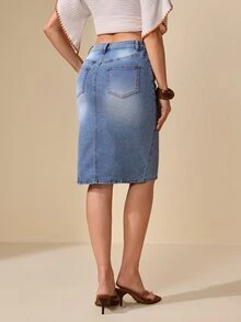 Selenza Women's Asymmetric Waist Denim Skirt With Slit Hem - Light Wash - View 3
