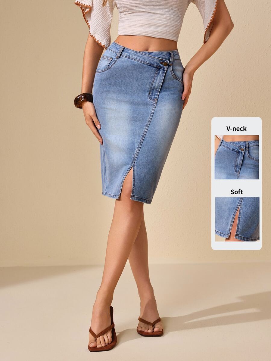 Selenza Women's Asymmetric Waist Denim Skirt With Slit Hem