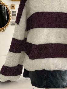 Lalippa Suéter holgado de mujer con cuello en V, hombros caídos y estampado de rayas y escudos, para otoño/invierno - Multicolor - Ver 3