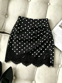 SHEIN Franclia Polka Dot Print Lace Patchwork Skirt - Black and White - View 1