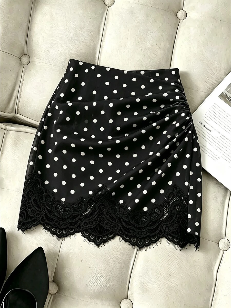 SHEIN Franclia Polka Dot Print Lace Patchwork Skirt - Black and White - View 1