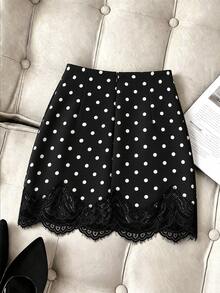 SHEIN Franclia Polka Dot Print Lace Patchwork Skirt - Black and White - View 2