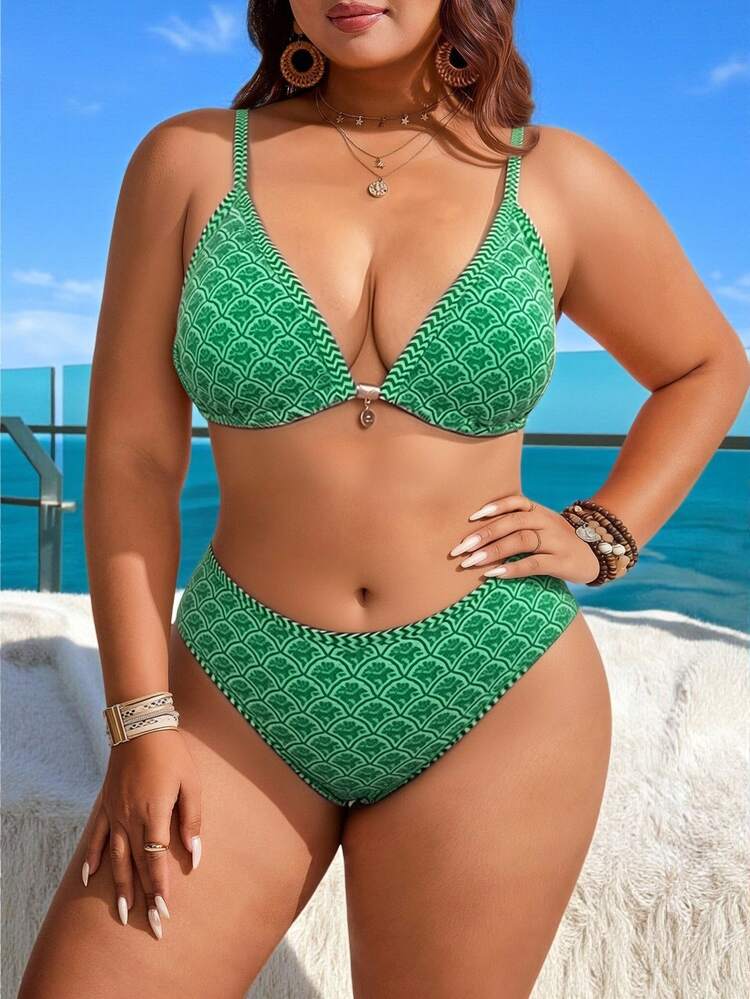 Swim Mod Plus Size Women 2 Pieces Sexy Bikini Set, Adjustable Strap Splicing Swimwear For Beach Holiday For Summer Beach Vacation - Green - View 4