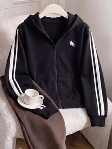 SHEIN 青少年女孩黑白膠帶與圖案刺繡休閒寬鬆夾克，返校季 - 黑色 - 查看 2