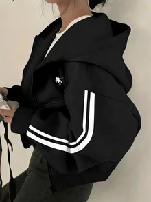 SHEIN 青少年女孩黑白膠帶與圖案刺繡休閒寬鬆夾克，返校季 - 黑色 - 查看 13