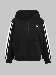 SHEIN 青少年女孩黑白膠帶與圖案刺繡休閒寬鬆夾克，返校季 - 黑色 - 查看 3