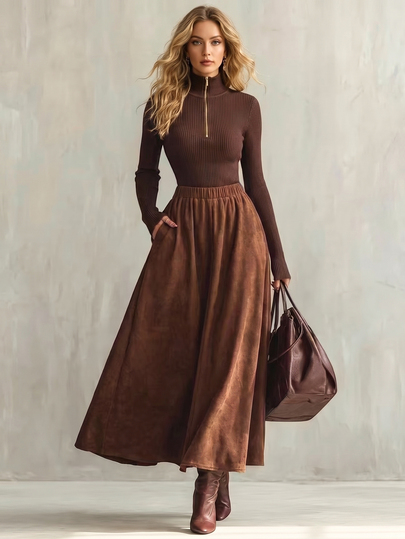 SHEIN Setelan Pakaian Elegan Wanita Musim Semi/Gugur, Atasan Lengan Panjang Kerah Tinggi dengan Ikat Pinggang dan Rok A-Line Suede, Cocok untuk Kencan Kantor, Thanksgiving, dan Acara Cokelat Tua.