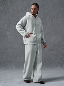 PAVTROS Men's Letter Embroidered Zip-Up Hoodie And Sweatpants Casual Set - Grey - View 6