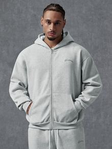PAVTROS Men's Letter Embroidered Zip-Up Hoodie And Sweatpants Casual Set - Grey - View 4