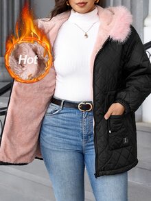 Chikora 大尺碼女款保暖內裡毛絨拼接休閒寬鬆蓬鬆多功能冬季連帽填充外套 黑色 適合登山、度假、夜店、辦公室 - 藍白色 - 查看 5