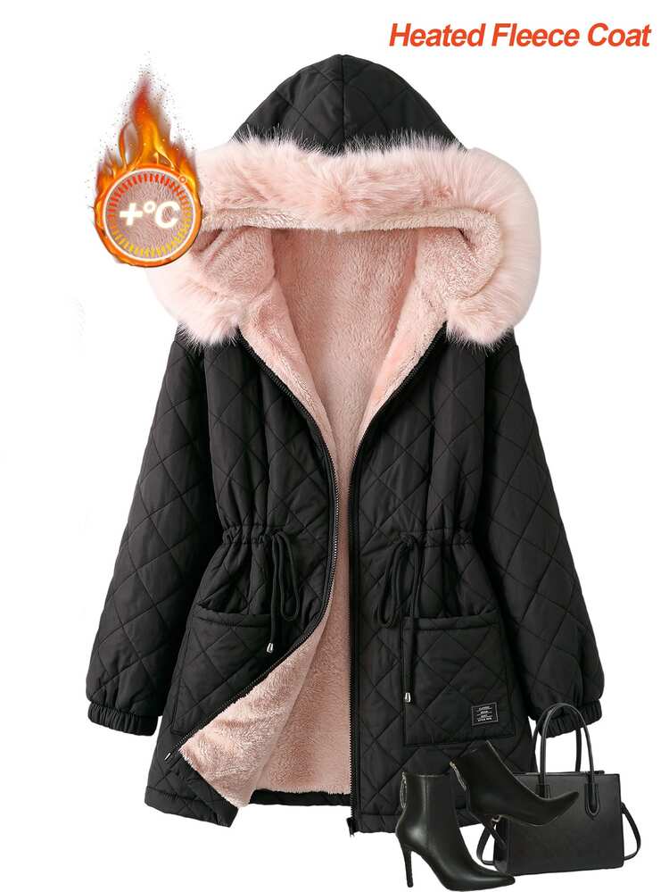 Chikora Plus Size Women's Thermal Lined Plush Patchwork Casual Baggy Fluffy Versatile Winter Hooded Padded Coat Hiking Black Holiday Club Office - Blue and White - View 10