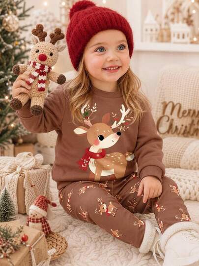 Winter Acorn Brown, Motif Rusa Lucu Dongeng Hutan Pastoral Vintage, Set Sweatshirt dan Legging Leher Bulat Longgar Lembut Berlapisan Bulu Domba untuk Bayi Perempuan, Gaya Baru untuk Aktivitas Sehari-hari Musim Gugur/Dingin, Jalan-jalan, Liburan, Pertanian, Natal, Gaya Gadis Pastoral Vintage Amerika, Pakaian Santai yang Menenangkan