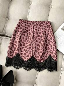 SHEIN Franclia 女款豹紋對比蕾絲百褶迷你裙 - 淺粉色 - 查看 2