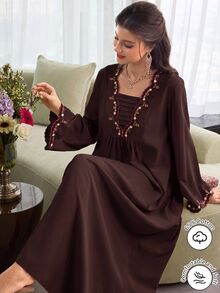 Al Najma Floral Embroidery Square Neck Dress - Coffee Brown - View 6