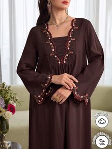 Al Najma Floral Embroidery Square Neck Dress - Coffee Brown - View 5