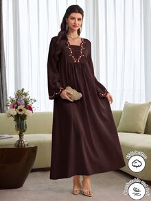 Al Najma Floral Embroidery Square Neck Dress - Coffee Brown - View 4