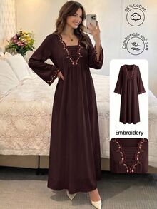 Al Najma Floral Embroidery Square Neck Dress - Coffee Brown - View 1
