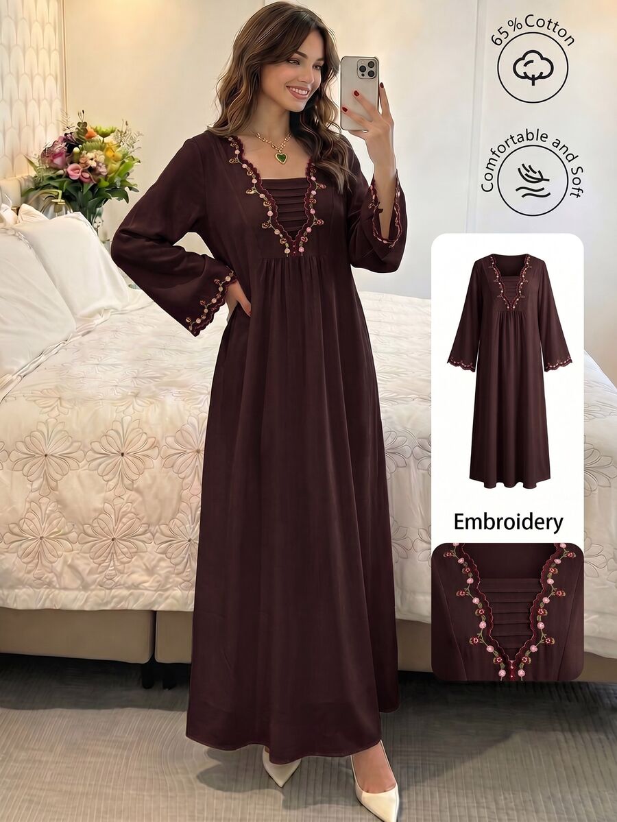 Al Najma Floral Embroidery Square Neck Dress - Coffee Brown - View 1
