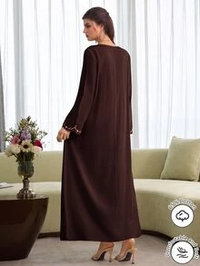 Al Najma Floral Embroidery Square Neck Dress - Coffee Brown - View 2