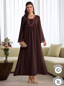 Al Najma Floral Embroidery Square Neck Dress - Coffee Brown - View 7
