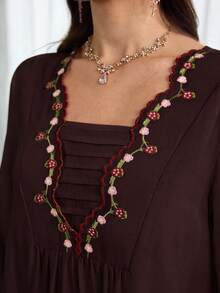Al Najma Floral Embroidery Square Neck Dress - Coffee Brown - View 3