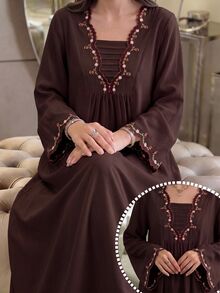 Al Najma Floral Embroidery Square Neck Dress - Coffee Brown - View 8