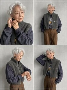 FRIFUL Middle-Aged And Elderly Women Solid Color Zipper Front Fleece Vest Jacket - Grey - View 2