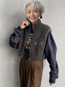 FRIFUL Middle-Aged And Elderly Women Solid Color Zipper Front Fleece Vest Jacket - Grey - View 1