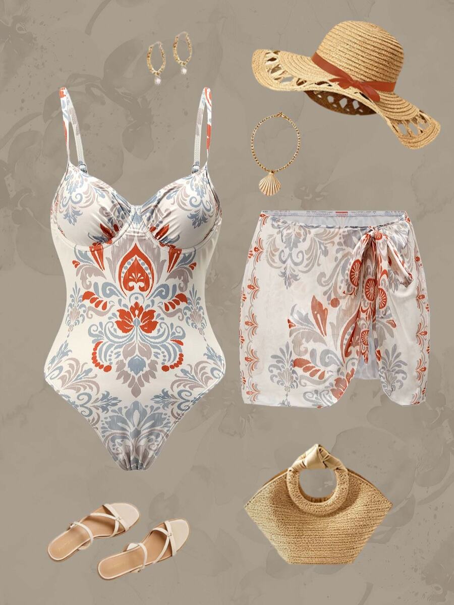 Swim Oasis 女款多色波西米亞花卉印花連身泳衣,附繞身遮蓋裙 - 彩色 - 查看 1
