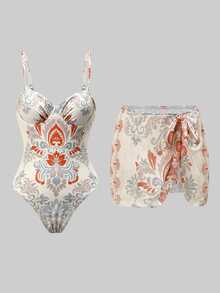 Swim Oasis Women's Multi-Color Bohemian Floral Print One-Piece Swimsuit With Wrap-Around Cover Up Skirt - Multicolor - View 3