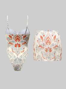 Swim Oasis Women's Multi-Color Bohemian Floral Print One-Piece Swimsuit With Wrap-Around Cover Up Skirt - Multicolor - View 2