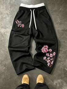 Manfinity Roghcode Men's Chinese Style Plum Blossom Embroidered Wide Leg Sweatpants, Contrast Color Elastic Drawstring Waist Loose Draped Street Casual Sports Long Pants - Black - View 3