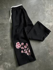 Manfinity Roghcode Men's Chinese Style Plum Blossom Embroidered Wide Leg Sweatpants, Contrast Color Elastic Drawstring Waist Loose Draped Street Casual Sports Long Pants - Black - View 5