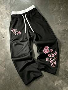 Manfinity Roghcode Men's Chinese Style Plum Blossom Embroidered Wide Leg Sweatpants, Contrast Color Elastic Drawstring Waist Loose Draped Street Casual Sports Long Pants - Black - View 1
