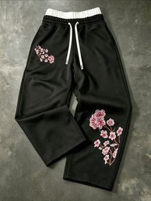 Manfinity Roghcode Men's Chinese Style Plum Blossom Embroidered Wide Leg Sweatpants, Contrast Color Elastic Drawstring Waist Loose Draped Street Casual Sports Long Pants - Black - View 4