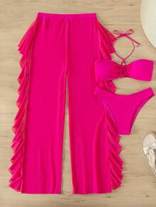 SHEIN Swim Women's Beach Vacation Printed Bikini 3 Pieces Set, Wireless - Hot Pink - View 6