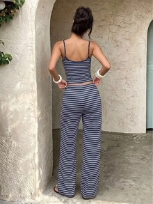 Aloruh 女款休閒熱帶居家服海軍藍與白色細肩帶背心長褲套裝 度假夏季海灘 - 藏蓝色 - 查看 2