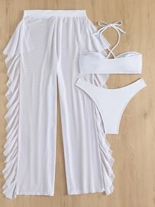 SHEIN Swim Basics Summer Beach 3 件裝純色十字交叉掛脖比基尼和罩褲 - 白色 - 查看 3