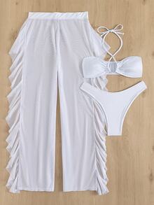 SHEIN Swim Basics Summer Beach 3 件裝純色十字交叉掛脖比基尼和罩褲 - 白色 - 查看 6