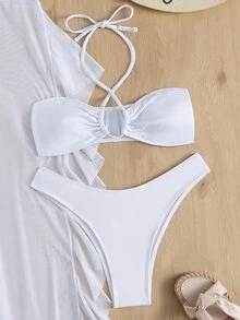 SHEIN Swim Basics Summer Beach 3 件裝純色十字交叉掛脖比基尼和罩褲 - 白色 - 查看 7