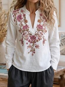 SHEIN Women Autumn Clothes V-Neck Long Sleeve Blouse, Elegant Simulated Embroidery Floral Print Shirt, Notched Collar Puff Cuff Casual Work Top - White - View 6