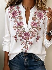 SHEIN Women Autumn Clothes V-Neck Long Sleeve Blouse, Elegant Simulated Embroidery Floral Print Shirt, Notched Collar Puff Cuff Casual Work Top - White - View 5