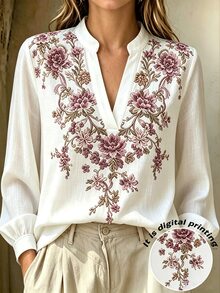 SHEIN Women Autumn Clothes V-Neck Long Sleeve Blouse, Elegant Simulated Embroidery Floral Print Shirt, Notched Collar Puff Cuff Casual Work Top - White - View 1