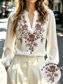 SHEIN Women Autumn Clothes V-Neck Long Sleeve Blouse, Elegant Simulated Embroidery Floral Print Shirt, Notched Collar Puff Cuff Casual Work Top - White - View 4