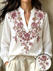 SHEIN Women Autumn Clothes V-Neck Long Sleeve Blouse, Elegant Simulated Embroidery Floral Print Shirt, Notched Collar Puff Cuff Casual Work Top - White - View 3