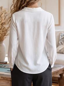 SHEIN Women Autumn Clothes V-Neck Long Sleeve Blouse, Elegant Simulated Embroidery Floral Print Shirt, Notched Collar Puff Cuff Casual Work Top - White - View 2